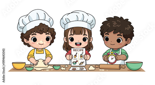 Three children cooking together at kitchen counter.