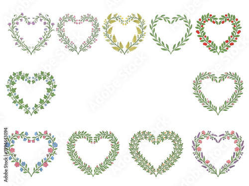Beautiful vector floral heart frames and borders with blooming flowers and green leaves for wedding and valentine's day designs