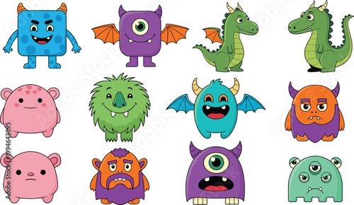Cartoon Monster and Dragon Character Set with Cute and Funny Fantasy Creatures for Kids Design, Games, Mascots, and Vector Illustration Collection.