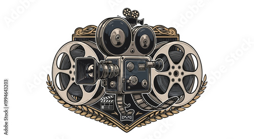 Vintage film camera icon with golden laurel.