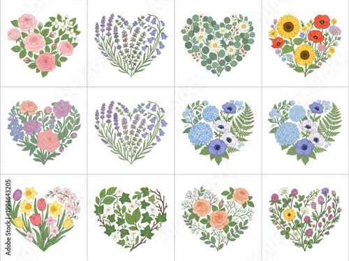 Vector floral heart designs with romantic flowers and romantic floral patterns