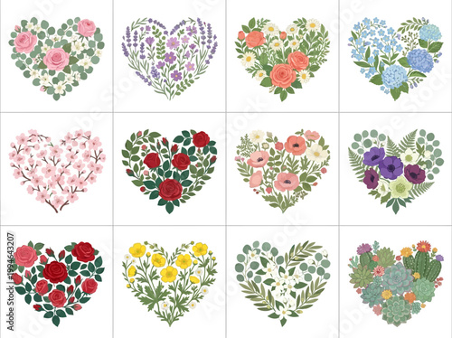 A collection of twelve vector illustrations of heart-shaped arrangements of flowers, perfect for various design needs