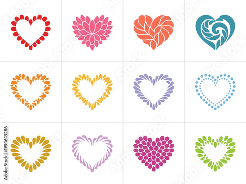 Collection of twelve decorative heart icons with floral patterns, vector illustrations of flowers in heart shapes