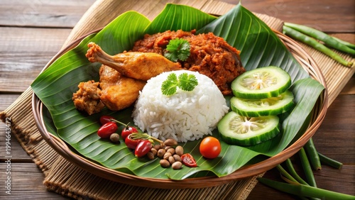 A steaming plate of Nasi Lemak garnished with crispy fried chicken and fresh vegetables