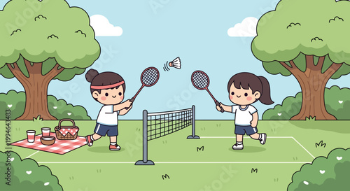 Two Children Playing Badminton with Rackets.
