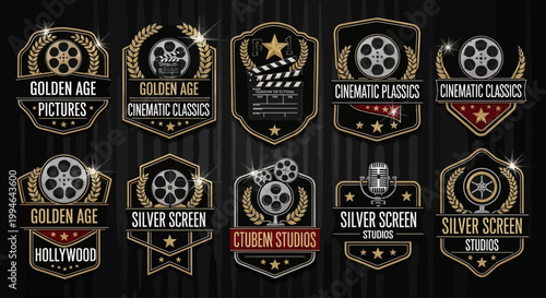 Collection of vintage film badges and labels.