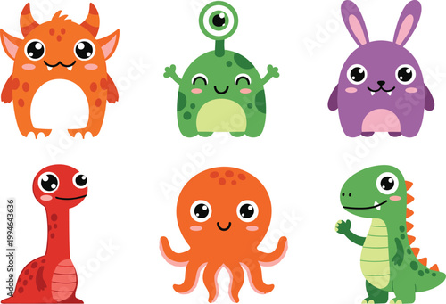 Cute Cartoon Monster Collection with Adorable Fantasy Creatures Including Dinosaur, Octopus, Alien, and Bunny for Kids Design, Stickers, and Vector Illustration Set.