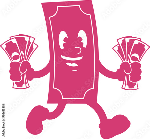 Animated cartoon character made from money bills holding stacks of cash cheerfully isolated on transparent background