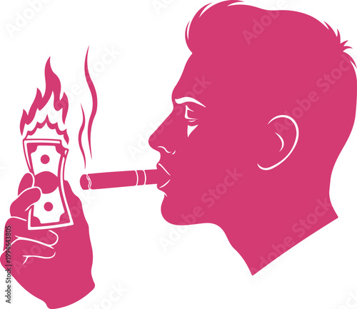 Illustration of person smoking cigar while burning money symbolizing wasteful spending habits
