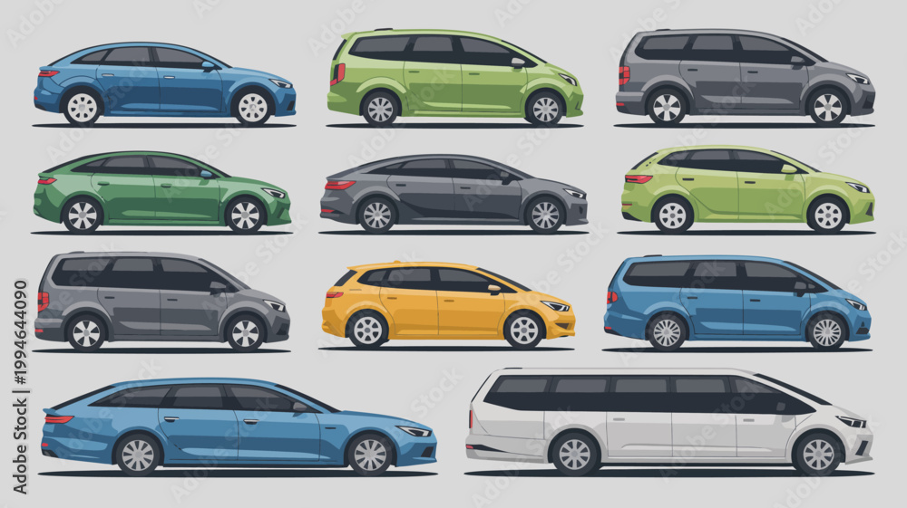 Fototapeta premium A colorful arrangement displays nine different modern station wagon and minivan vehicle designs in a side profile view high quality professional detailed elegant stylish clean crisp