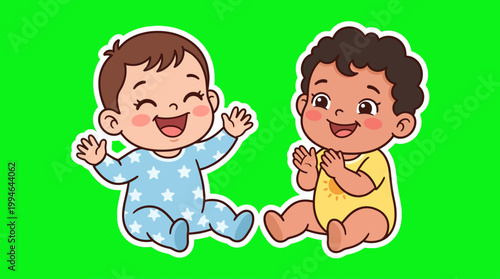 Two adorable babies laughing and clapping with joyful expressions and happiness.