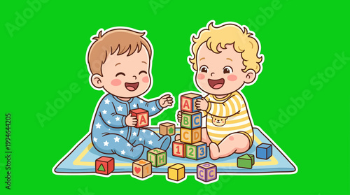 Two Adorable Babies Playing with Colorful Building Blocks on Mat.