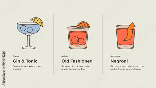 A colorful graphic displays three classic cocktails gin tonic old fashioned and negroni with simple illustrations and names high quality professional detailed modern elegant stylish clean