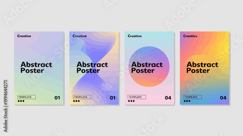 Four abstract posters with vibrant color gradients and text overlays are displayed against a light gray background showcasing creative template designs high quality professional detailed modern
