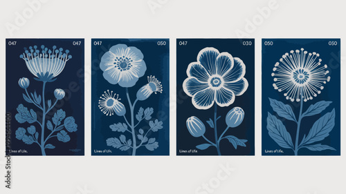 A series of cyanotype floral prints showcases delicate wildflower arrangements featuring botanical studies in shades of indigo and blue high quality professional detailed modern elegant stylish