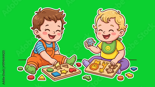 Two Adorable Babies Playing with Wooden Shape Puzzles Together.