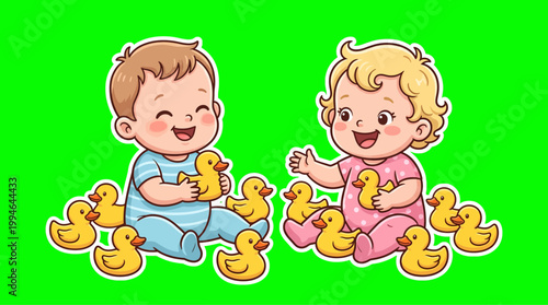 Two Adorable Babies Playing with Yellow Rubber Duckies on Green Background.