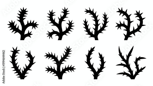 A collection of eight black silhouettes depicts various thorny branches showcasing different shapes and spike arrangements on a white background high quality professional detailed modern elegant