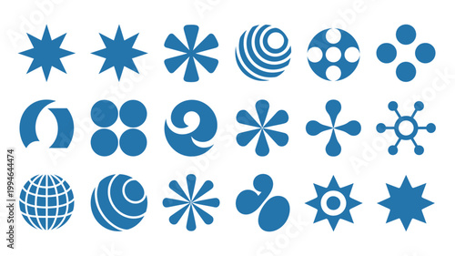 A collection of abstract blue geometric shapes are displayed against a clean white background representing diverse design elements high quality professional detailed modern elegant stylish crisp