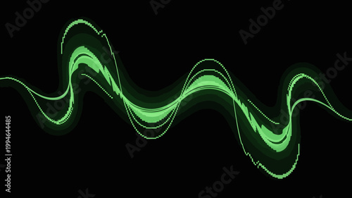 A luminous abstract waveform composed of bright green light stretches across a stark black background creating a dynamic visual high quality professional detailed modern elegant stylish