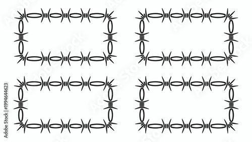 A stark black and white illustration depicts two square frames constructed entirely from coiled barbed wire creating a restrictive visual high quality professional detailed modern elegant