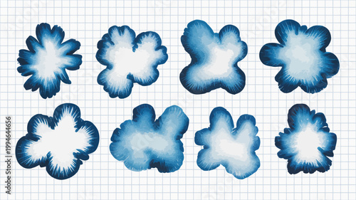 A collection of eight abstract cloud like shapes in varying shades of blue set against a clean grid patterned white background high quality professional detailed modern