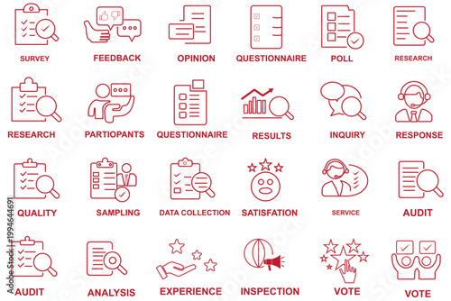 Survey line editable icon set. Containing opinions, review, satisfaction, feedback, exam, poll, questionnaire, and more. Editable stroke. Vector illustration