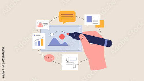 A hand uses a marker to draw on a tablet displaying charts and graphs representing data analysis and digital workflows high quality professional detailed modern elegant