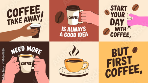 A colorful illustrated grid promotes coffee consumption with playful text and imagery of hands holding coffee cups and beans high quality professional detailed modern elegant stylish