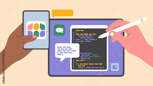 A digital illustration showcases a tablet and smartphone displaying coding interfaces and messaging apps alongside a hand using a stylus high quality professional detailed modern elegant