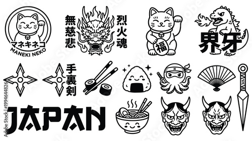 Asian culture line art set with traditional japanese maneki neko lucky cat.