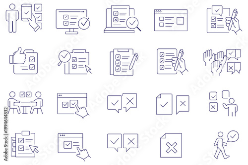 Survey icon set. Containing feedback, opinion, questionnaire, poll, research, data collection, review and satisfaction icons. Solid icon collection. Vector illustration.