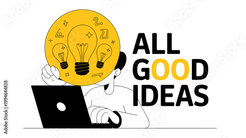 A person contemplates ideas visually represented by a glowing head filled with lightbulbs while working on a laptop computer high quality professional detailed modern elegant stylish