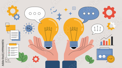 Two hands are shown holding glowing lightbulbs surrounded by symbols representing ideas innovation and problem solving concepts high quality professional detailed modern elegant stylish clean crisp