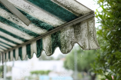Green and black mildew mold stains on a wet white outdoor awning canvas.