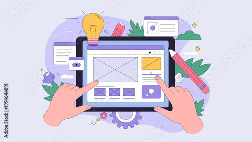 A digital tablet displays a website grid layout with hands interacting and creative elements surrounding it high quality professional detailed modern elegant stylish clean crisp vibrant