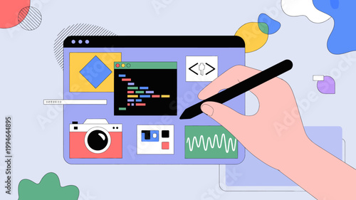 A hand holds a tablet displaying various creative software interfaces including code design elements and image editing tools high quality professional detailed modern elegant stylish clean