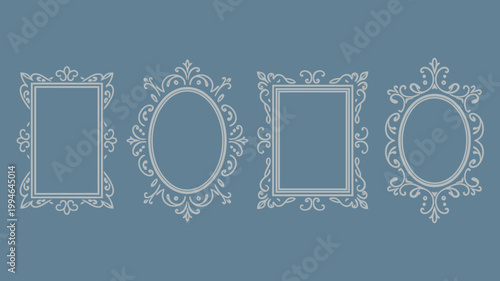 A collection of four ornate vintage style frames are displayed against a muted blue background showcasing various shapes high quality professional detailed modern elegant stylish clean