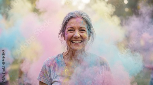 A woman, completely immersed in a riot of colored powder, beams with infectious joy and celebration, evoking a sense of pure, unadulterated happiness.