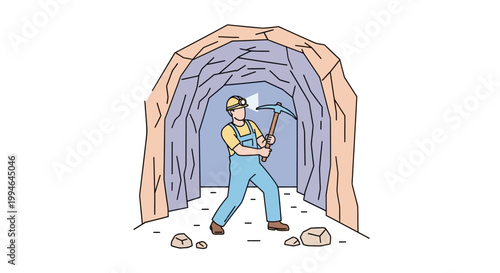 Man with pickaxe in mine tunnel.