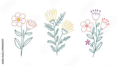 A delicate illustration showcases three distinct floral arrangements each featuring stylized blooms and leafy green stems on a white background high quality professional detailed modern elegant
