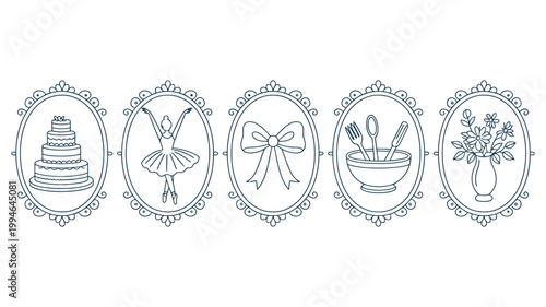 A collection of five ornate frames displays delicate line drawings featuring a cake ballerina bow dining set and flowers high quality professional detailed modern elegant stylish