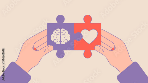 Two puzzle pieces one depicting a brain and the other a heart are held together by hands symbolizing the connection between mind and emotion high quality