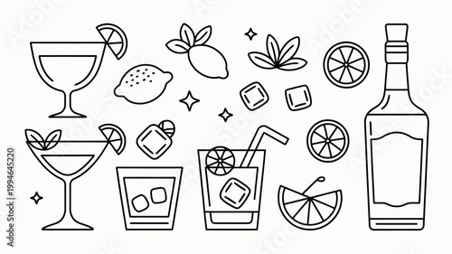 A linear illustration displays various cocktail elements including glasses citrus fruits ice cubes and a bottle in a minimalist style high quality professional detailed modern elegant
