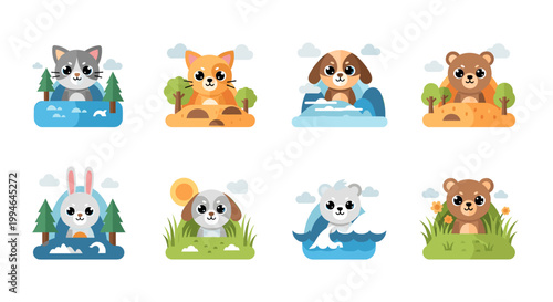 A cheerful illustration depicting a bunny amidst a stylized mountain landscape. Perfect for children's products, playful marketing, or a website desig