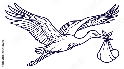 Stork carrying newborn baby in bundle for pregnancy and baby shower themes.