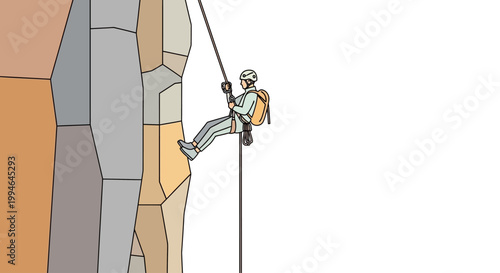 Man climbing rock wall with rope.