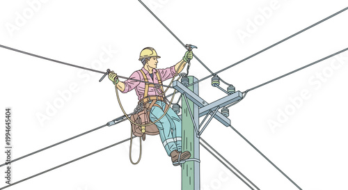 Electrician working on power lines high.