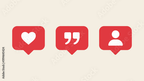 A minimalist graphic displays three red speech bubbles each containing a distinct white icon a heart quotation marks and a profile high quality professional detailed modern