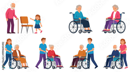 Elderly people in wheelchairs with medical caregivers and family.